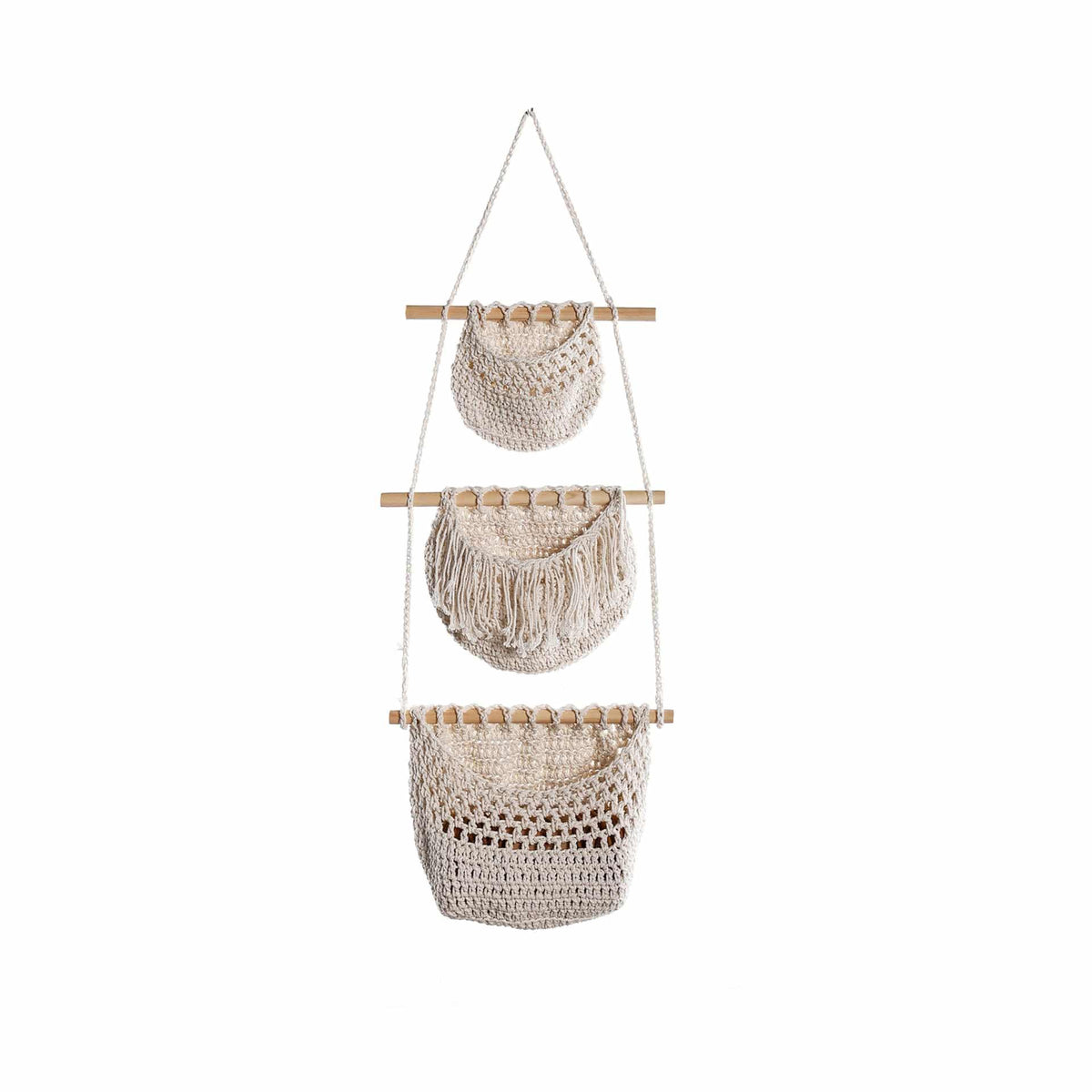 Three stacked pink hanging wall baskets on a rope