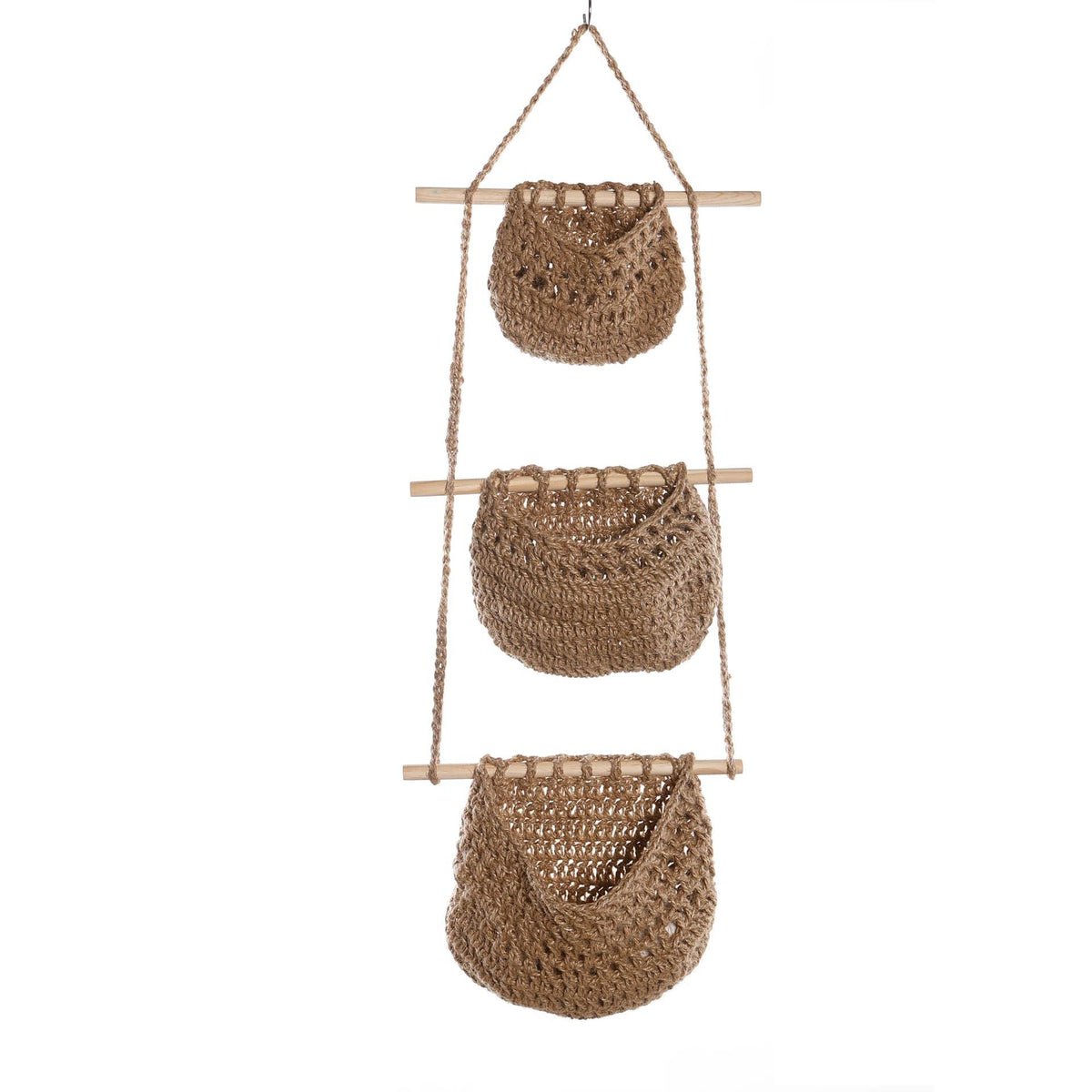 Three stacked pink hanging wall baskets on a rope