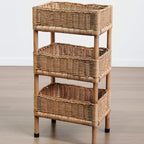 Three tier shelf with three woven rattan baskets on a wood frame