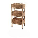 Three tier shelf with three woven rattan baskets on a wood frame