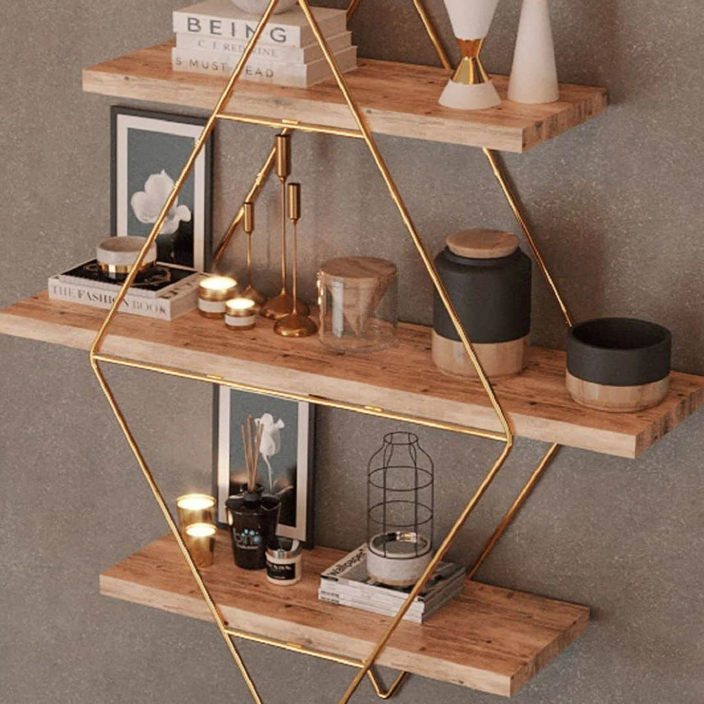 Three tier light wood wall shelf with gold hexagon metal frame