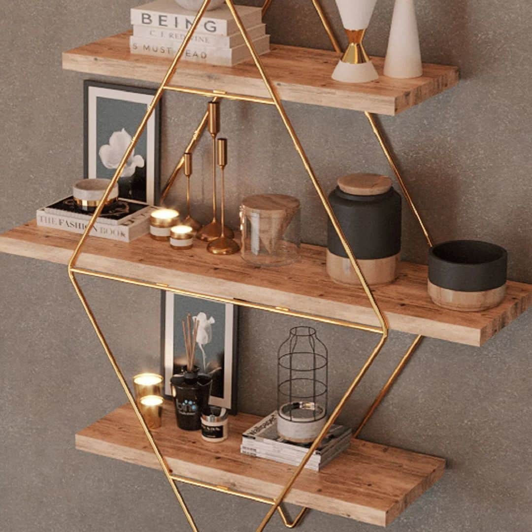 Three tier light wood wall shelf with gold hexagon metal frame