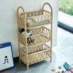 Three tier shelf with hand woven beige rattan shelves on a wood frame