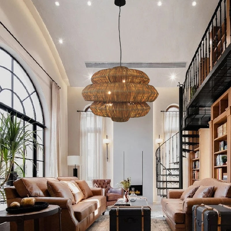 Tiered layered woven rattan pendant light