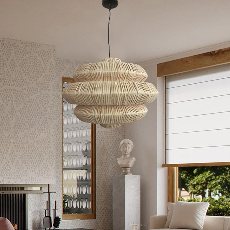 Tiered layered woven rattan pendant light