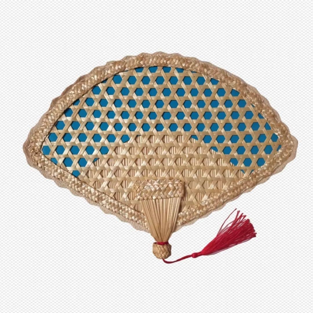 Traditional woven hand fan with a colored open weave and a red tassel