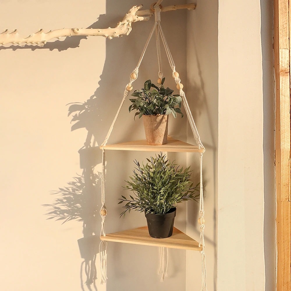 Triangular natural wood shelf that fits into a room corner