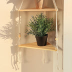Triangular natural wood shelf that fits into a room corner