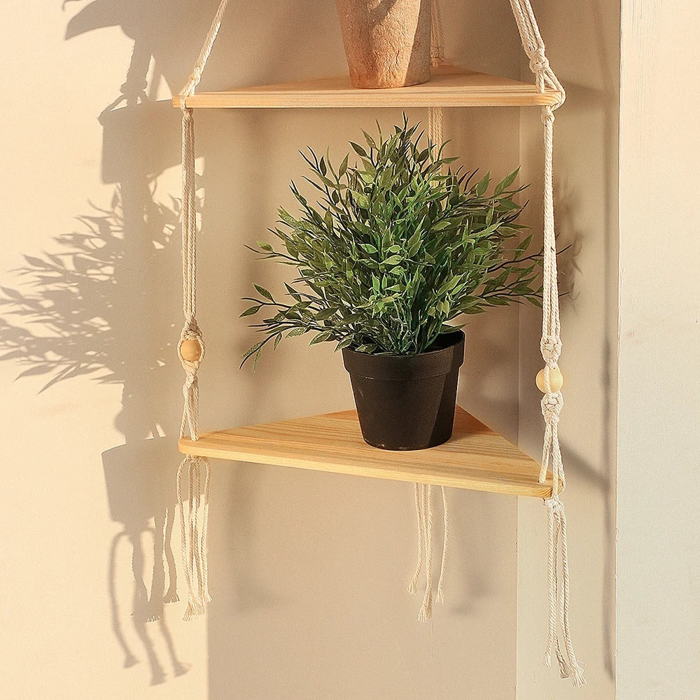 Triangular natural wood shelf that fits into a room corner