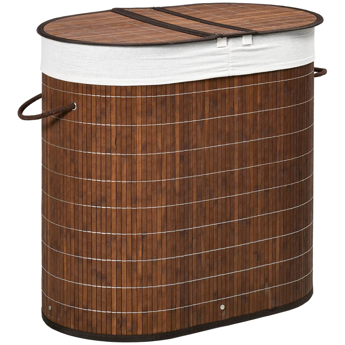 Two compartment brown bamboo laundry hamper with lid and liner
