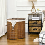 Two compartment brown bamboo laundry hamper with lid and liner