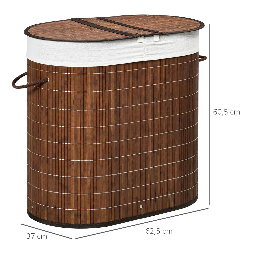 Two compartment brown bamboo laundry hamper with lid and liner