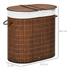 Two compartment brown bamboo laundry hamper with lid and liner