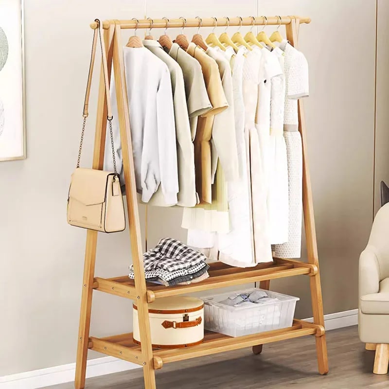 Two tier natural bamboo clothes rack with stacked rails