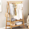 Two tier natural bamboo clothes rack with stacked rails