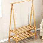 Two tier natural bamboo clothes rack with stacked rails
