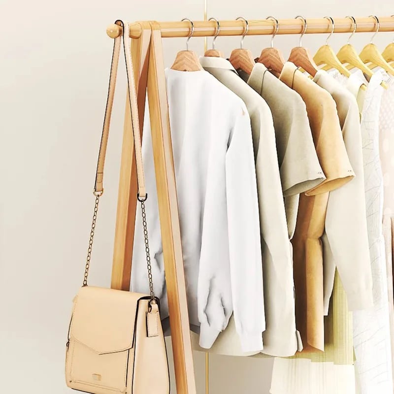 Two tier natural bamboo clothes rack with stacked rails