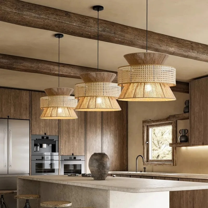 Two tier pendant light with cane webbing drum and woven rattan top