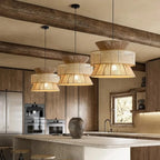 Two tier pendant light with cane webbing drum and woven rattan top
