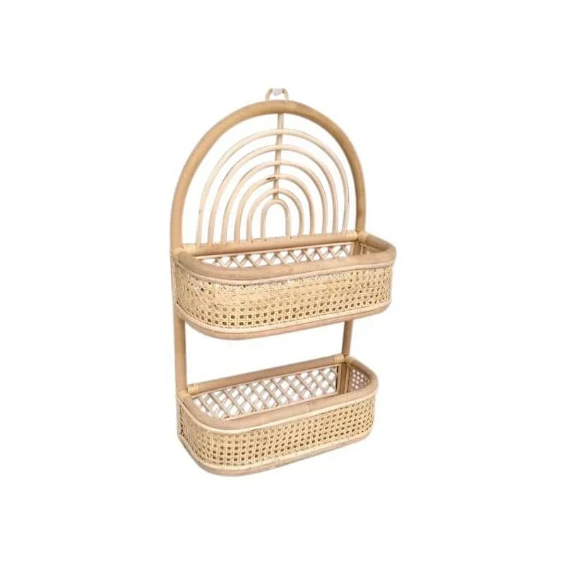 Two tier hanging rattan wall shelf with arched top