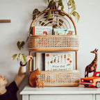 Two tier hanging rattan wall shelf with arched top