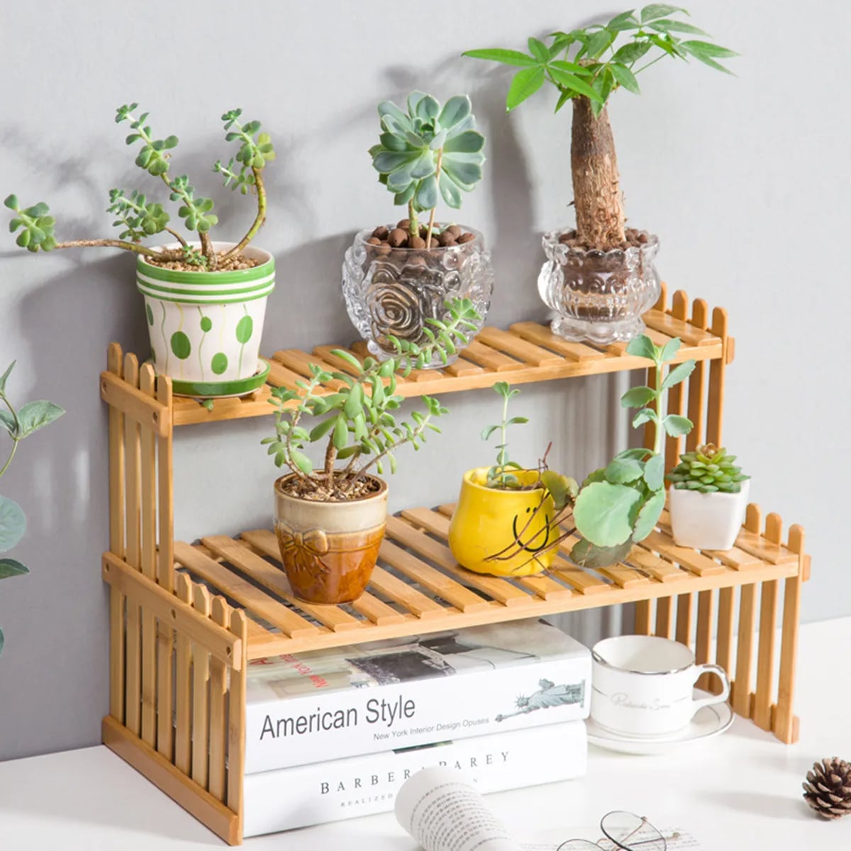 Two tier shelf of natural golden bamboo slats