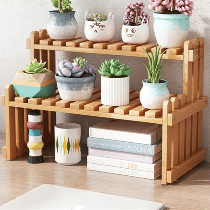 Two tier shelf of natural golden bamboo slats