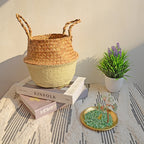 Two tone woven belly basket with green base holding white flowers