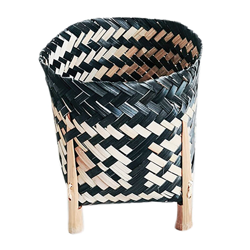 Hand woven rattan planter with black and natural two tone weave