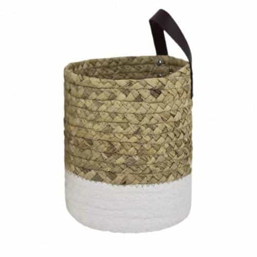 Two tone woven hanging planter with white base and dark strap