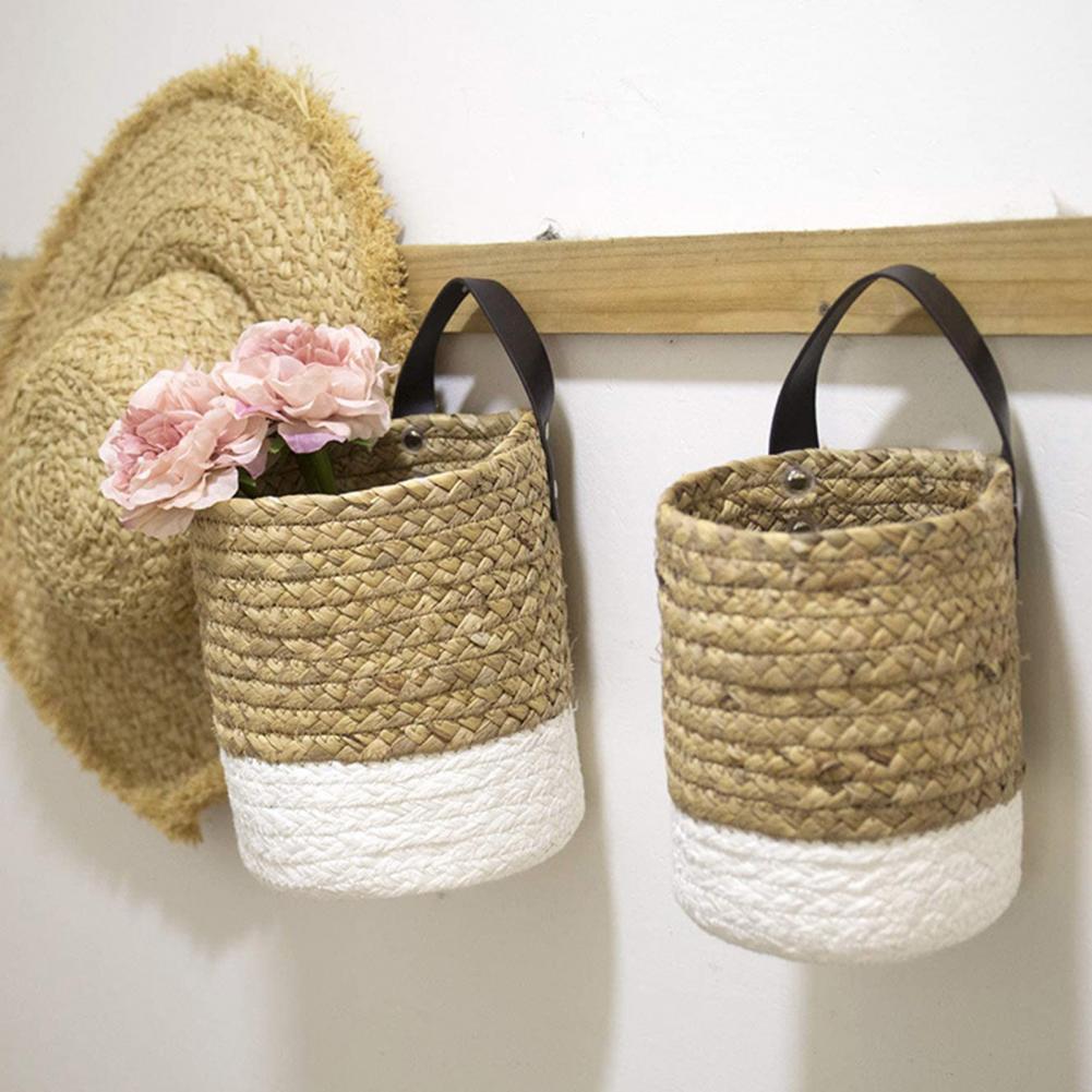 Two tone woven hanging planter with white base and dark strap