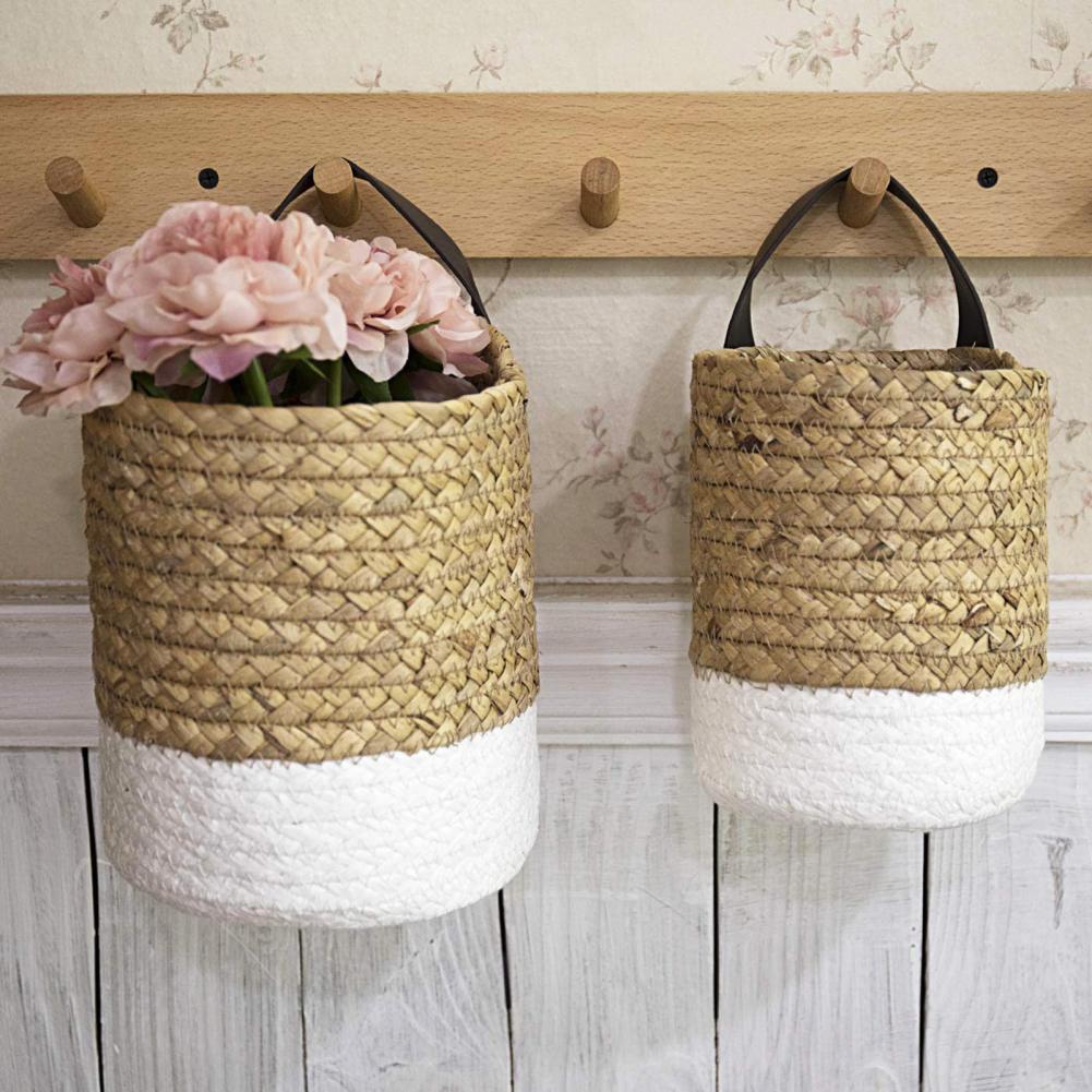 Two tone woven hanging planter with white base and dark strap