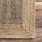 Long two tone jute runner beside a bed