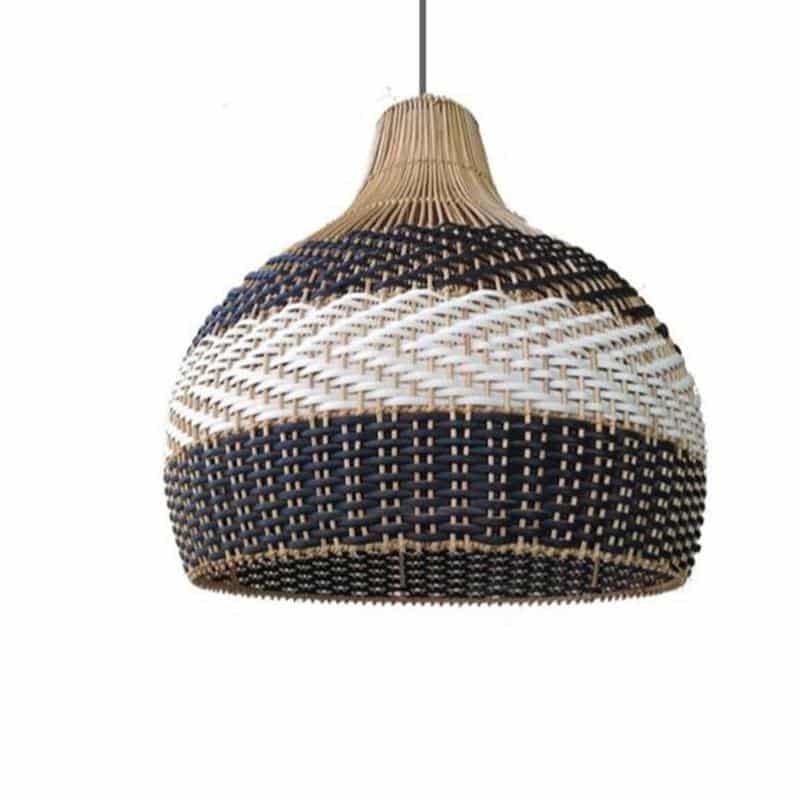Dome pendant woven in black and natural rattan stripes