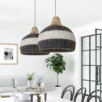 Dome pendant woven in black and natural rattan stripes