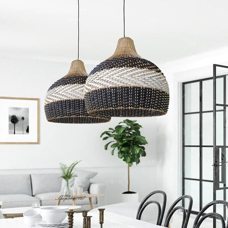 Dome pendant woven in black and natural rattan stripes