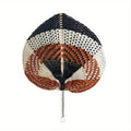 Leaf shaped woven hand fan with black, white and brown bands