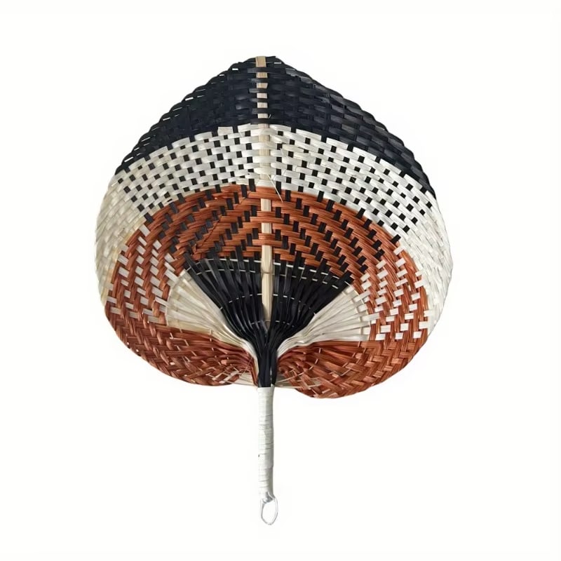 Leaf shaped woven hand fan with black, white and brown bands