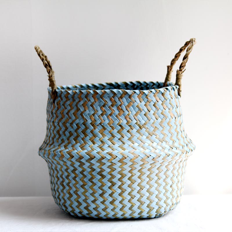 Hand woven rattan and wicker planter in two tone blue or white and brown