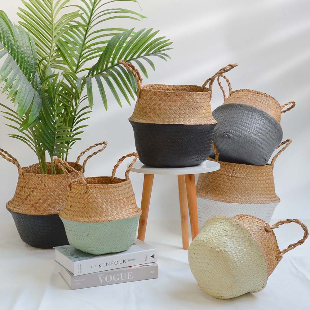 Hand woven rattan and wicker planter in two tone blue or white and brown