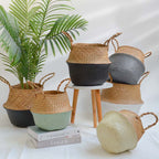 Hand woven rattan and wicker planter in two tone blue or white and brown