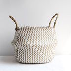 Hand woven rattan and wicker planter in two tone blue or white and brown