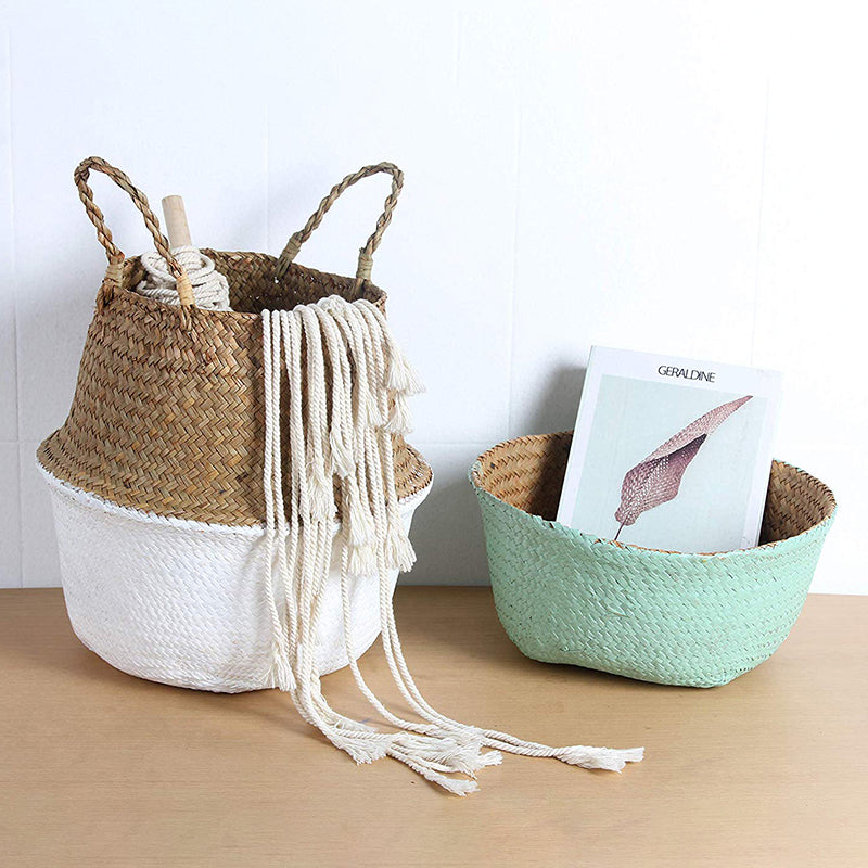 Hand woven rattan and wicker planter in two tone blue or white and brown