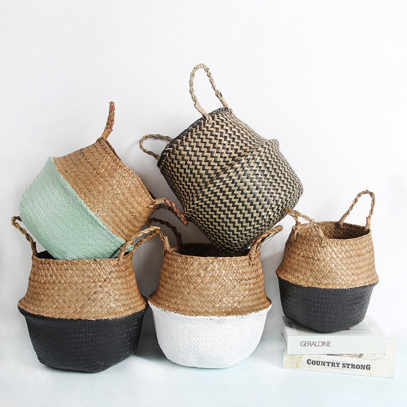 Hand woven rattan and wicker planter in two tone blue or white and brown