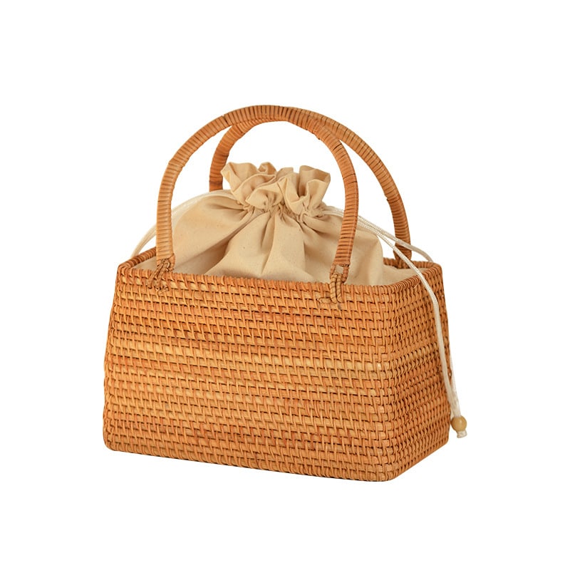 Rectangular honey rattan basket bag with drawstring cotton liner