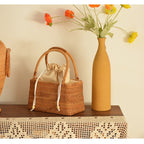 Rectangular honey rattan basket bag with drawstring cotton liner