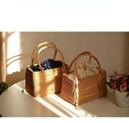Rectangular honey rattan basket bag with drawstring cotton liner