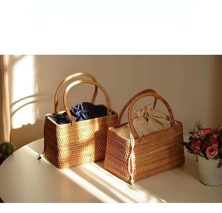 Rectangular honey rattan basket bag with drawstring cotton liner