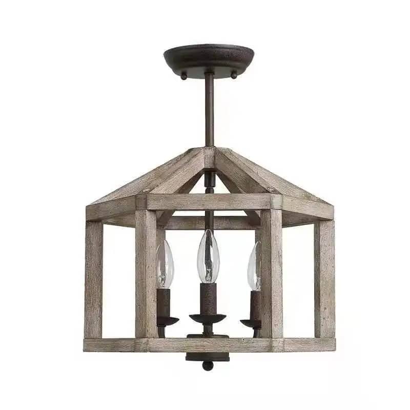 Vintage American style pendant light with a wood shade on a raw metal frame