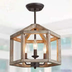 Vintage American style pendant light with a wood shade on a raw metal frame